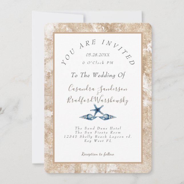 Convites Casamento Dourado com areia de Seashell Azul de Pr (Frente)