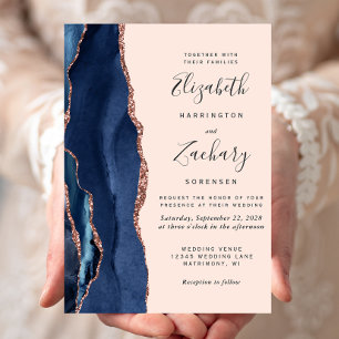 Convites Casamento Dourado com Blush Rosa de Agate Azul do