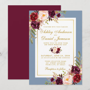 Convites Casamento Dourado com Borgonha Azul Azul e Azul