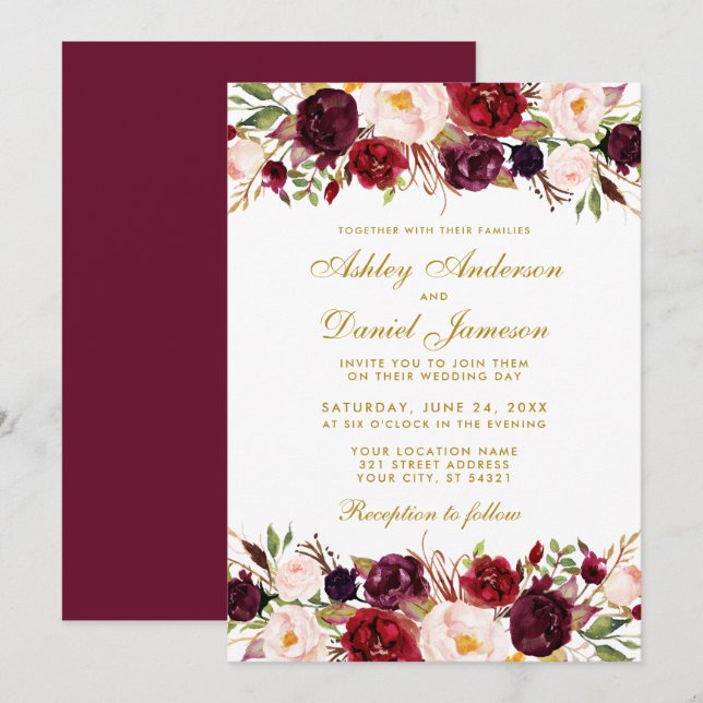 Convites Casamento Dourado com Borgonha Floral de Aquarela  (Frente/Verso)