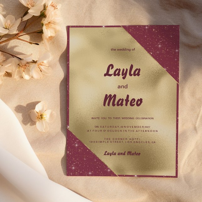 Convites Casamento Dourado com brilho de burgundy (Gold heart sparkle burgundy glitter Wedding)