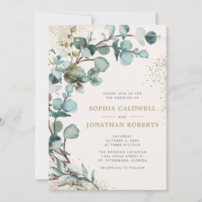 Convites Casamento Dourado com brilho Eucalyptus em um únic (Frente)