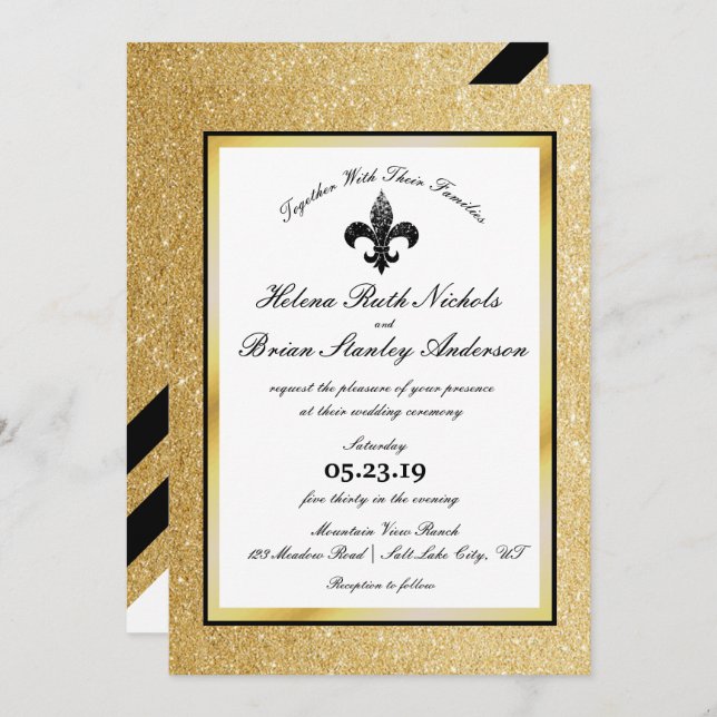 Convites Casamento Dourado com brilho preto Fleur de Lis (Frente/Verso)