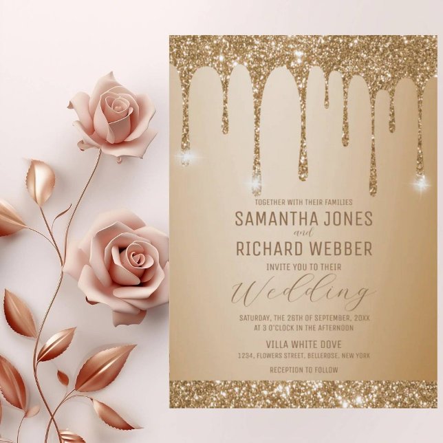 Convites Casamento Dourado com Champagne Beige (Criador carregado)