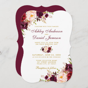 Convites Casamento Dourado com Colchete Floral da Burgundy 