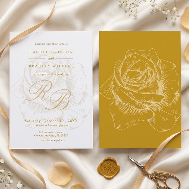 Convites Casamento Dourado com Detalhe de Rosa Simples Mode (Criador carregado)