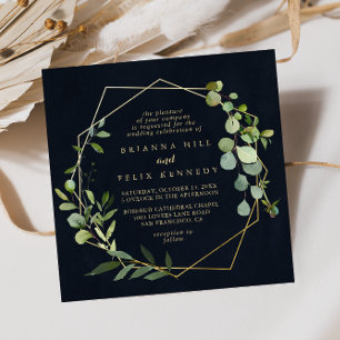 Convites Casamento Dourado com Diamante Verde Azul Geométr