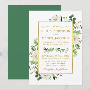 Convites Casamento Dourado com Floral Branco Verde