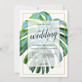 Convites Casamento Dourado com Folha de Monstera Tropical