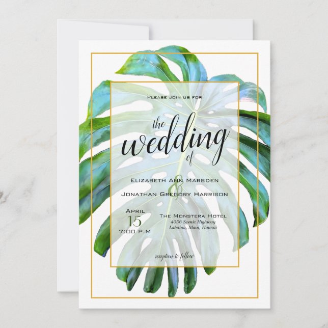 Convites Casamento Dourado com Folha de Monstera Tropical (Frente)