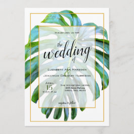 Convites Casamento Dourado com Folha de Monstera Tropical