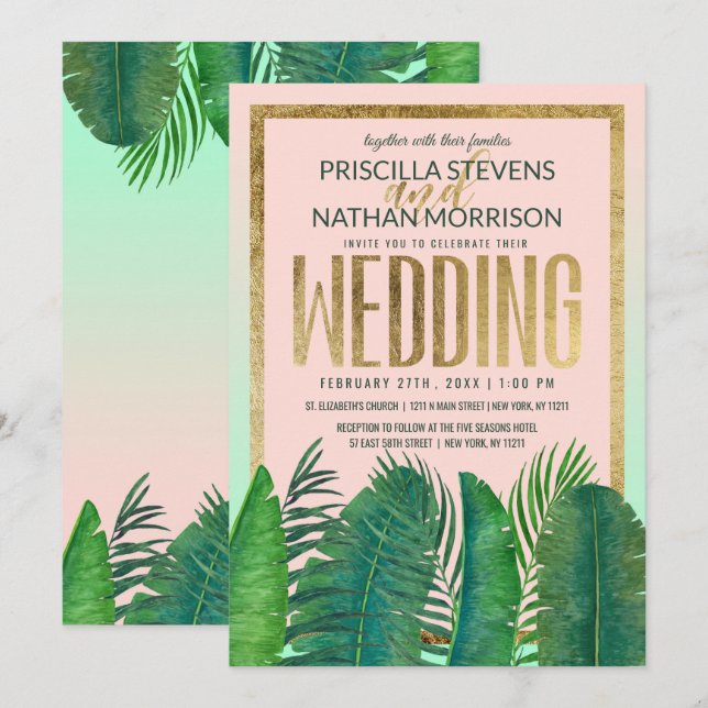 Convites Casamento Dourado com folhas tropicais Banana Leaf (Frente/Verso)