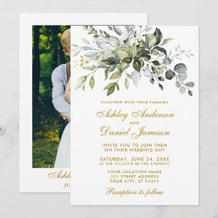 Convites Casamento Dourado com Foto de Verde Folhagem em Aq