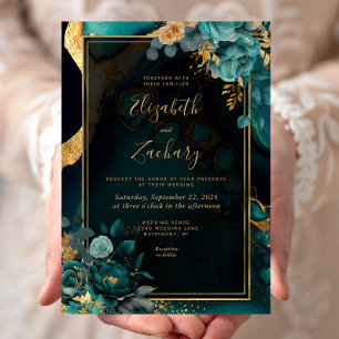 Convites Casamento Dourado com Frame de Agato Teal Floral