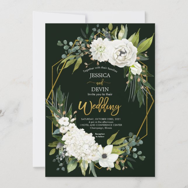Convites Casamento Dourado com Frame Floral Branco Elegante (Frente)