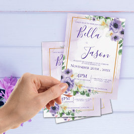 Convites Casamento Dourado com Frame Floral Branco Roxo Ele
