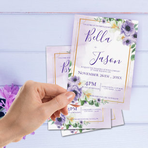 Convites Casamento Dourado com Frame Floral Branco Roxo Ele