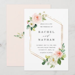 Convites Casamento Dourado com Hexágono Blush White Bloom