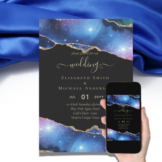 Convites Casamento Dourado com Luminosas Azuis Roxas de AGA (Criador carregado)