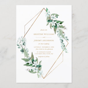 Convites Casamento Dourado com Magnolia Branca Floral