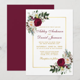 Convites Casamento Dourado com Moldura Burgundy Floral Gree