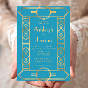 Convites Casamento Dourado com o Deco Frame Turquoise