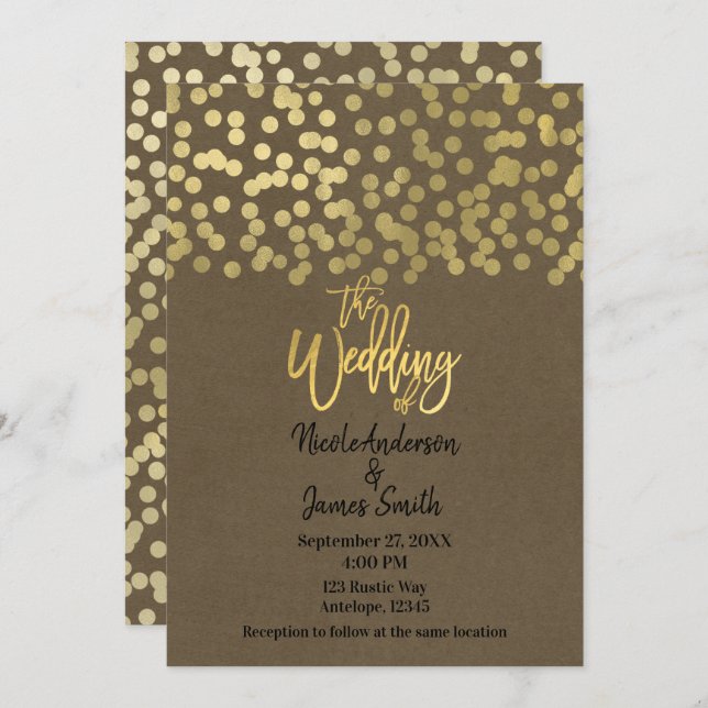 Convites Casamento Dourado com o Kic Rustic Kraft Moderno (Frente/Verso)