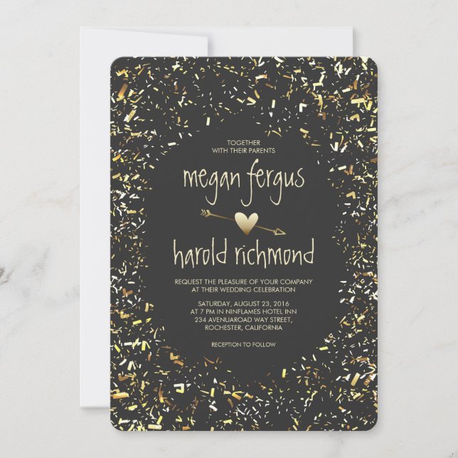 Convites casamento Dourado com os falsos confetti (Frente)