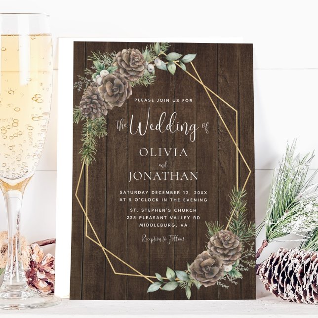 Convites Casamento Dourado com pinheiro de inverno Rustic C (Criador carregado)