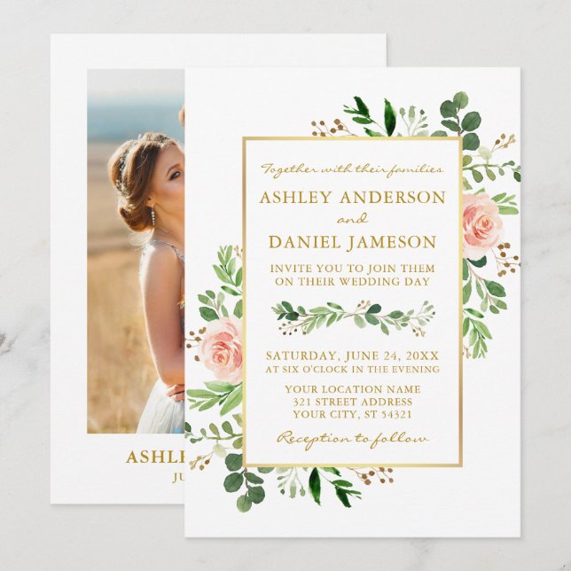 Convites Casamento Dourado com Rosas Rosa Cinzentas de Aqua (Frente/Verso)