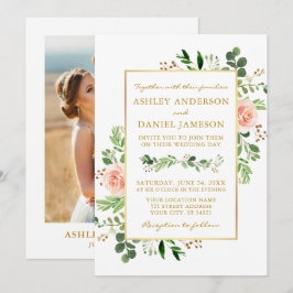 Convites Casamento Dourado com Rosas Rosa Cinzentas de Aqua