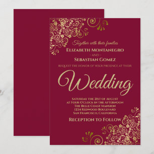 Convites Casamento Dourado com Simples Chic Maroon Burgundy