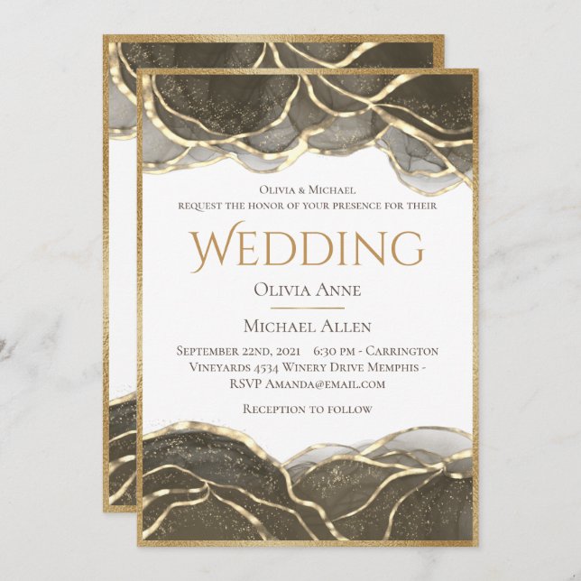 Convites Casamento Dourado com Tinta Álcool Elegante (Frente/Verso)