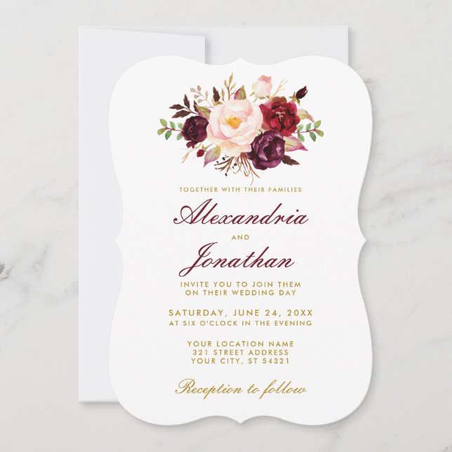 Convites Casamento Dourado com Watercolor Floral Burgundy B (Frente)