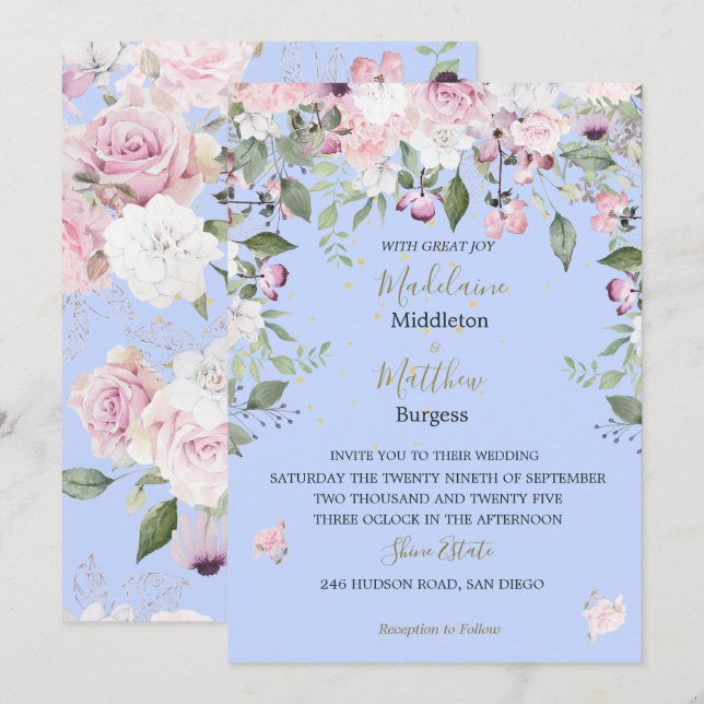 Convites Casamento Dourado Cor-de-rosa Azul Floral (Frente/Verso)