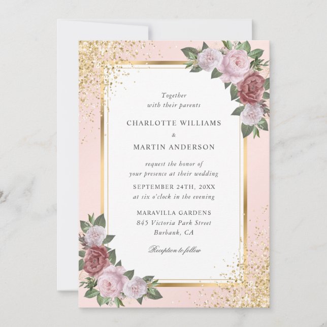 Convites Casamento Dourado Cor-de-rosa Blush Confetti (Frente)