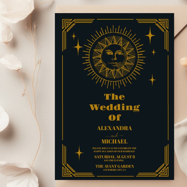 Convites Casamento Dourado Crescente Celestial (Criador carregado)