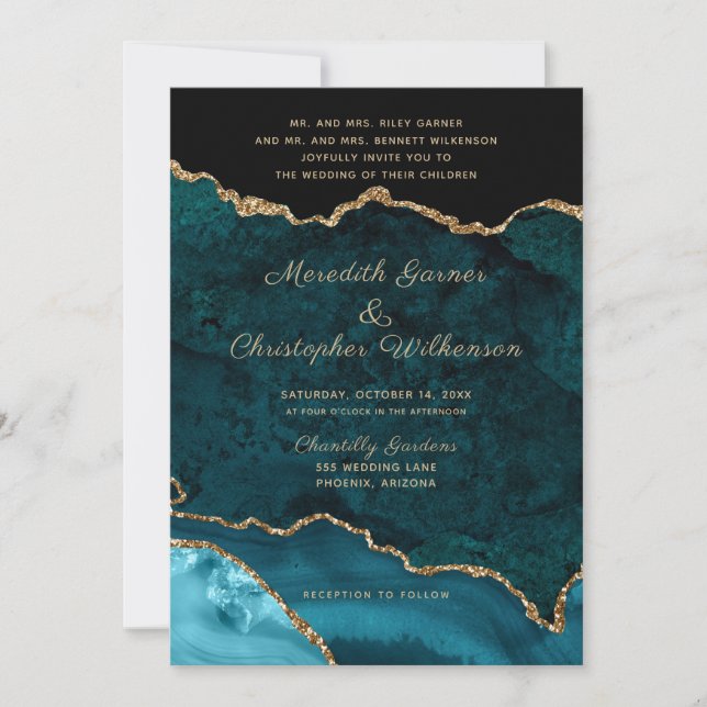 Convites Casamento Dourado da Agata Teal (Frente)