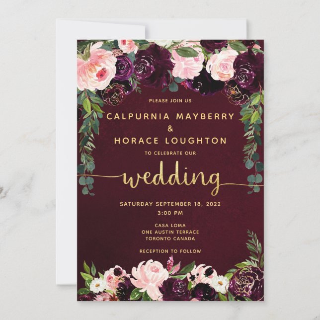 Convites Casamento Dourado da Caligrafia Blush Burgundy (Frente)