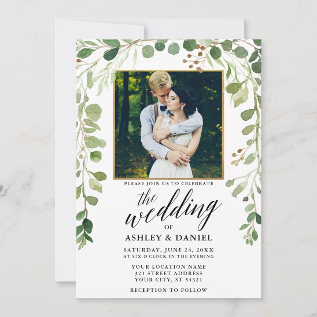 Convites Casamento Dourado da Caligrafia Verde Botânica (Frente)