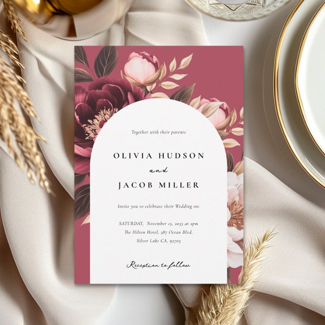 Convites Casamento Dourado da Elegante Burgundy (Criador carregado)