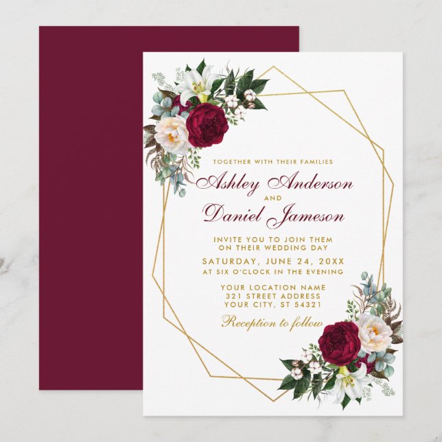 Convites Casamento Dourado da Elegante Burgundy Floral Gree (Frente/Verso)