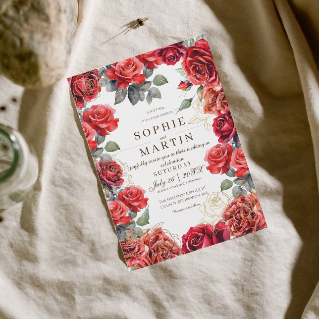 Convites Casamento Dourado da Flor com Rosas vermelhas de p (Criador carregado)
