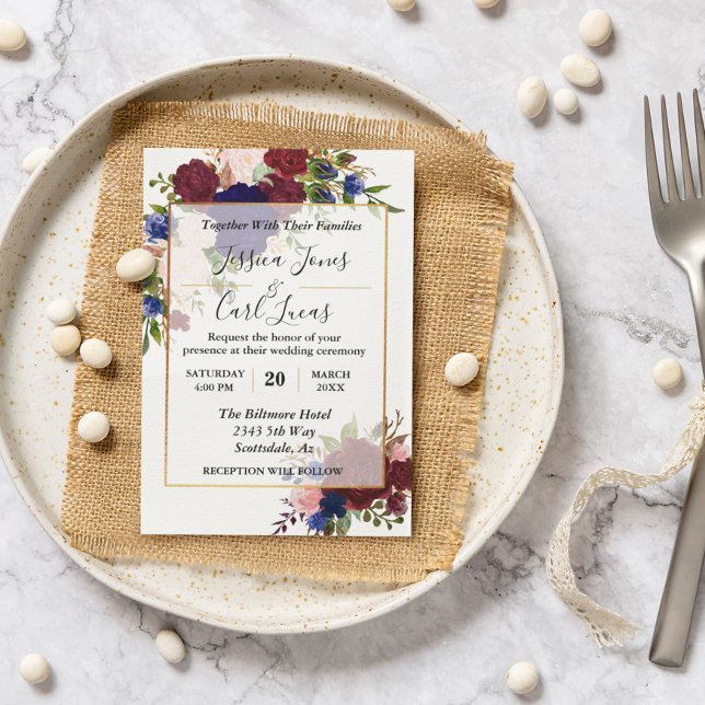 Convites Casamento Dourado da Frame Dourada da Burgundia ma (Criador carregado)