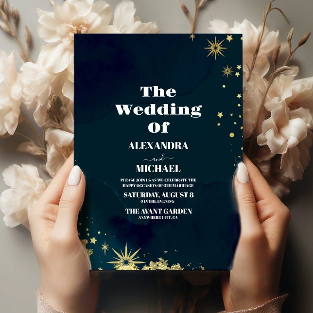 Convites Casamento Dourado da Lua da Estrela Azul Místico (Criador carregado)