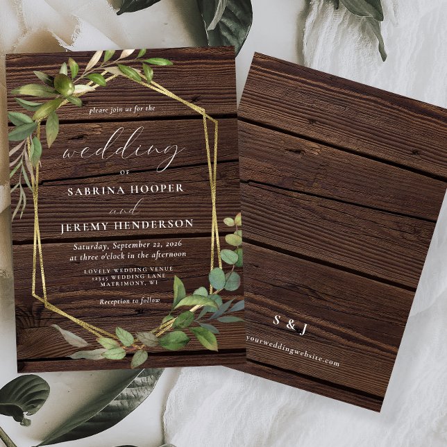 Convites Casamento Dourado da Madeira Eucalyptus Rustic (Criador carregado)
