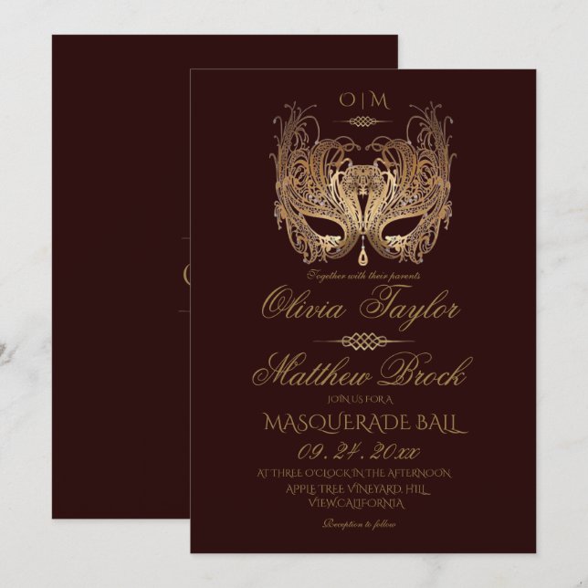 Convites Casamento Dourado da Mascarada Burgundy (Frente/Verso)