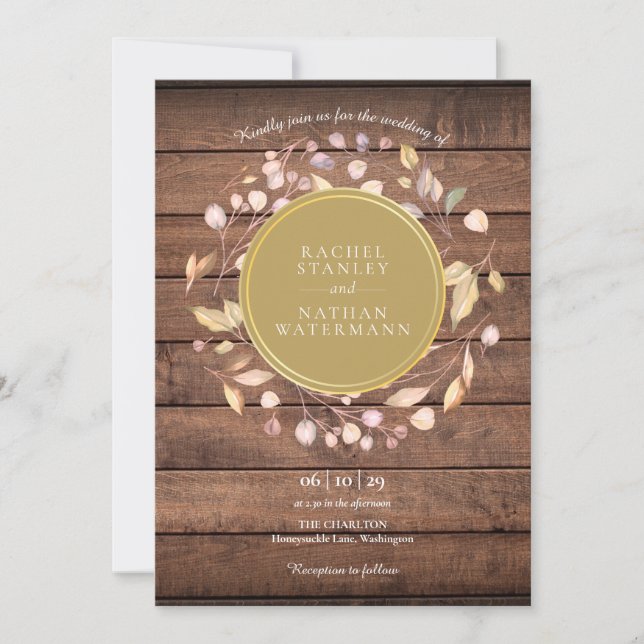 Convites Casamento Dourado da Rustic Wood Laurel Garland (Frente)