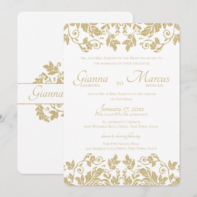 Convites Casamento Dourado Damask Emblem (Frente/Verso)