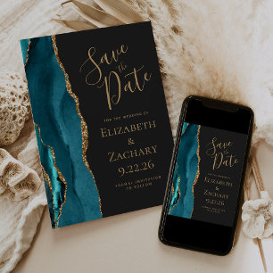 Convites Casamento Dourado Dark  com Teal de Agato Moderno 